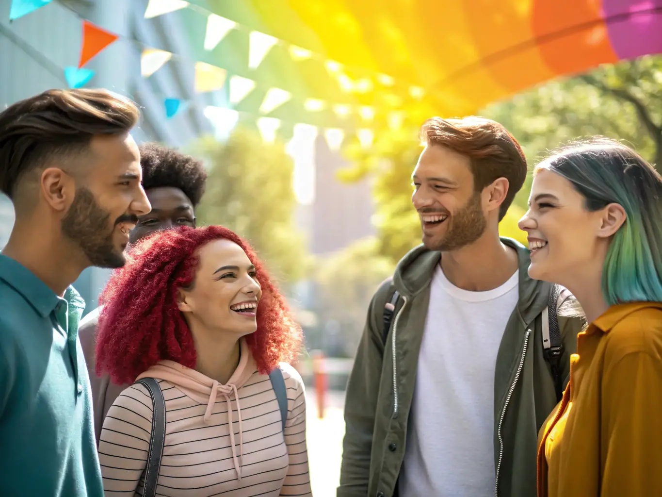 A diverse group of people smiling and standing together, representing the wide range of clients and communities served by the insurance agency.
