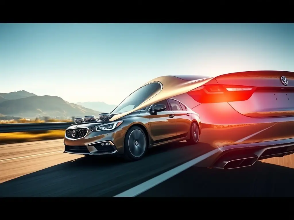 A sleek, modern car driving on a sunny highway, representing the freedom and security of auto insurance.
