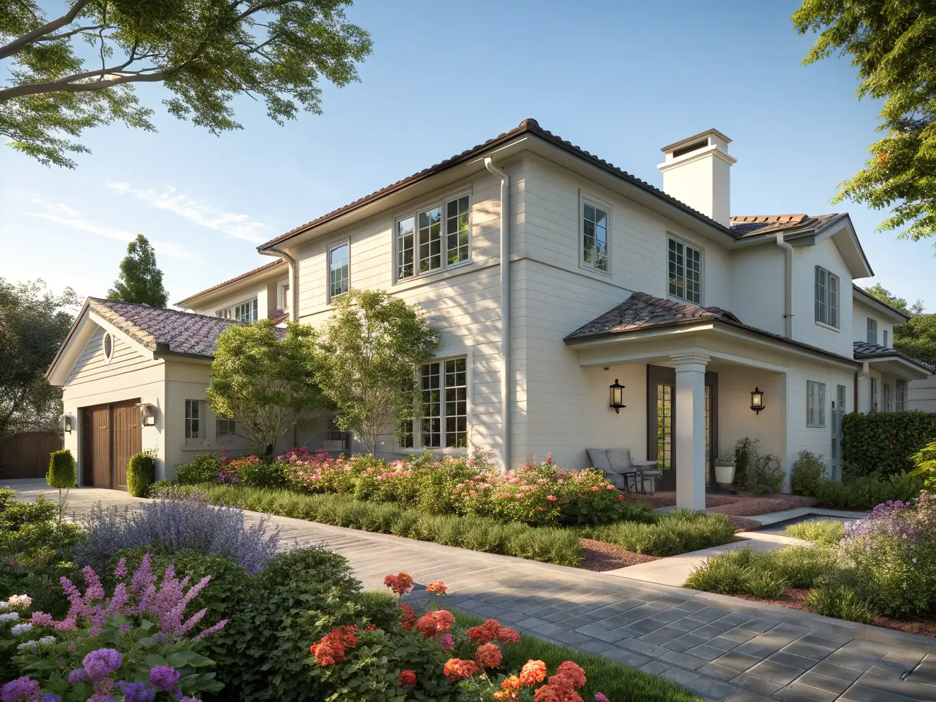 A modern house with a well-manicured lawn under a sunny sky, symbolizing homeownership and security. The image should convey a sense of safety and protection.