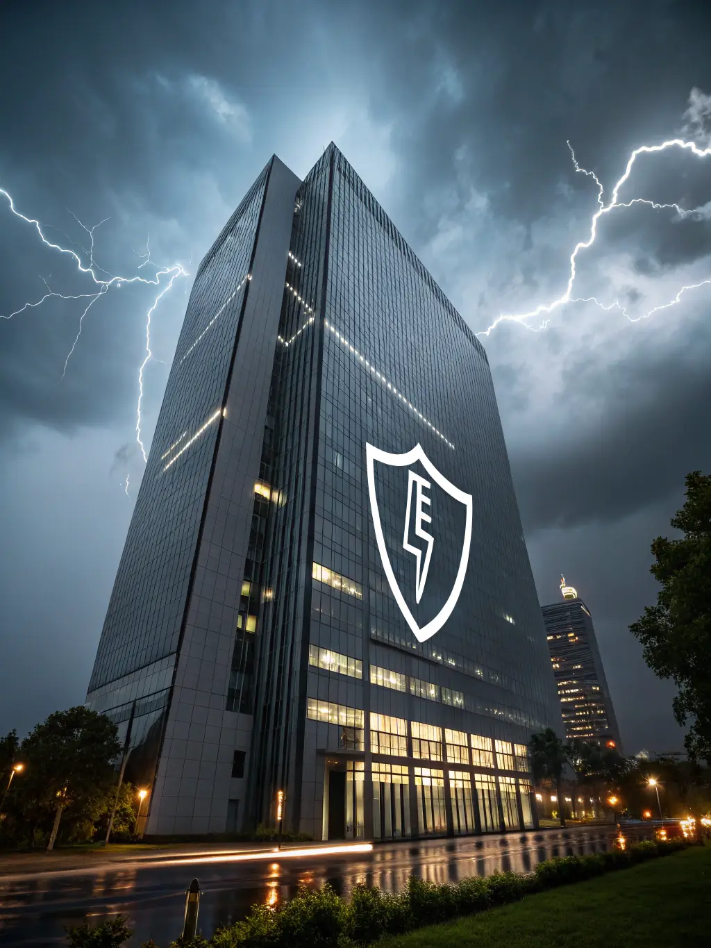 A modern office building with a shield overlay, representing business security. The image is used to represent Business Insurance on the Craig Davis Family Insurance website.