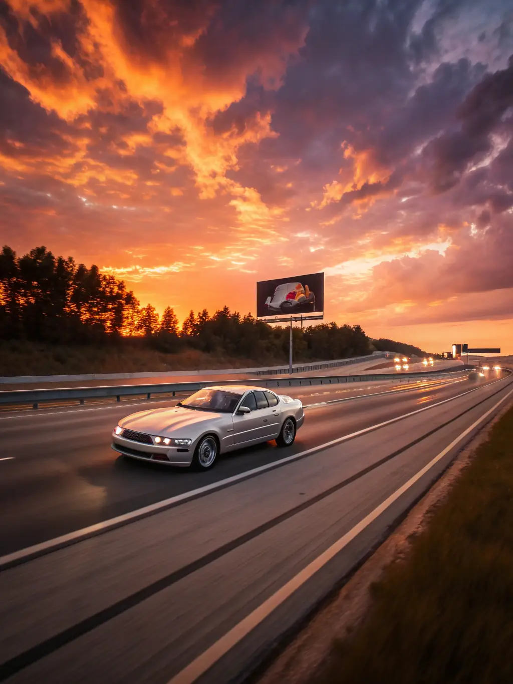 A sleek car on a scenic road with a shield icon, representing safety and protection. The image is used to represent Auto Insurance on the Craig Davis Family Insurance website.