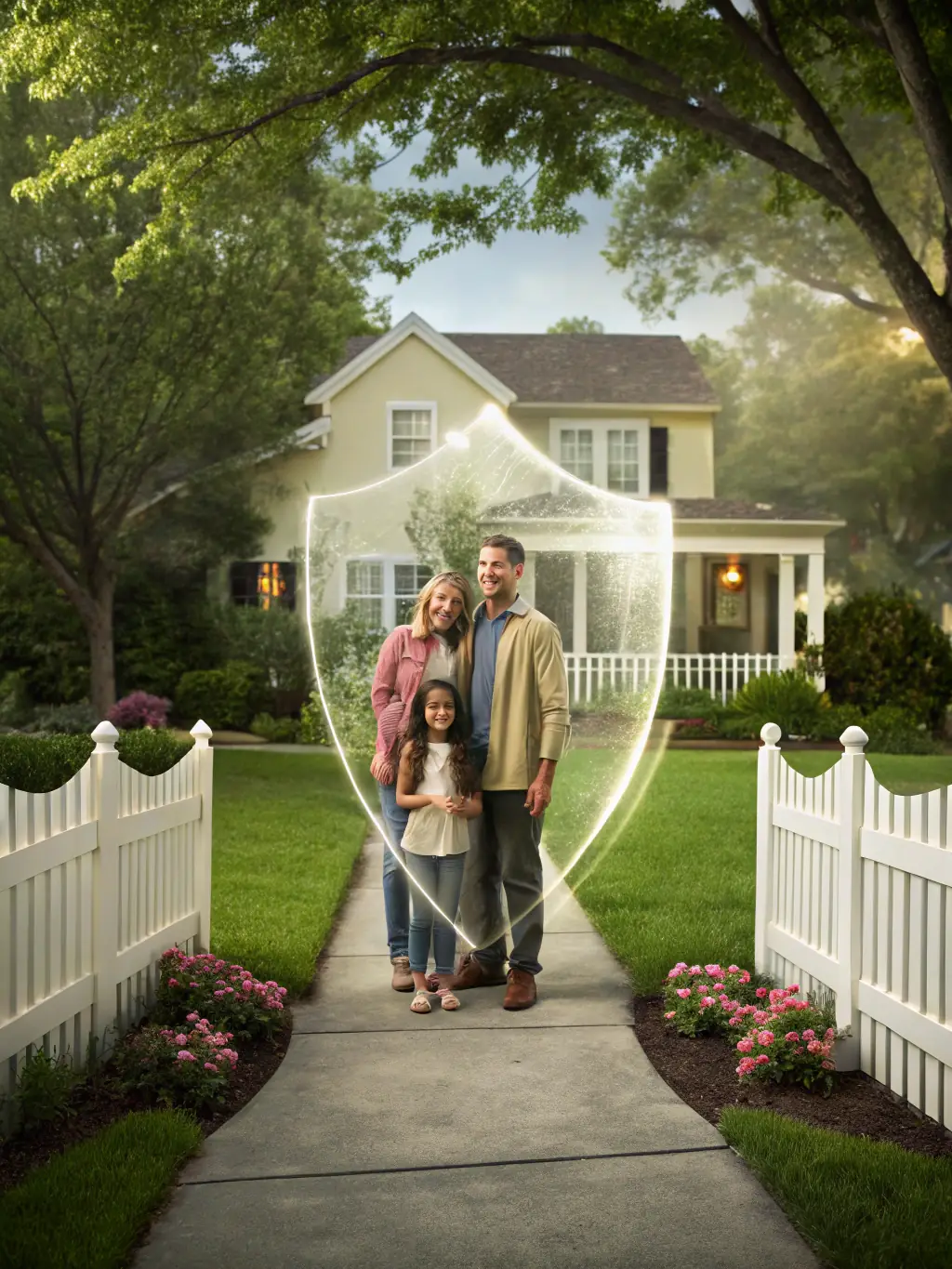 A cozy family home with a protective shield overlay, symbolizing security and peace of mind. The image is used to represent Home Insurance on the Craig Davis Family Insurance website.