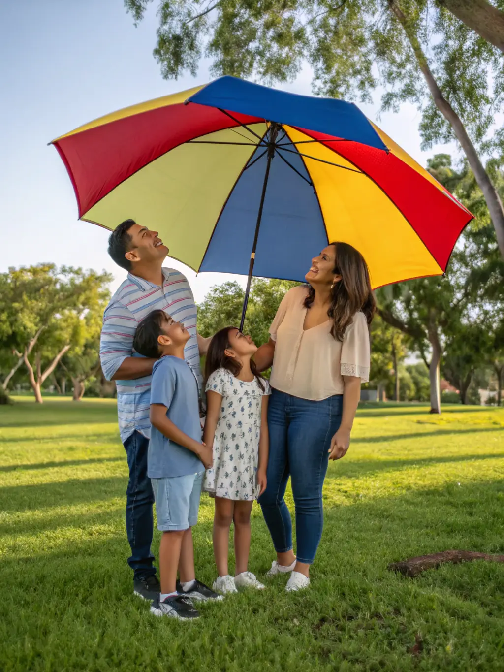 A happy family holding hands with a protective umbrella overhead, symbolizing security and care. The image is used to represent Life Insurance on the Craig Davis Family Insurance website.