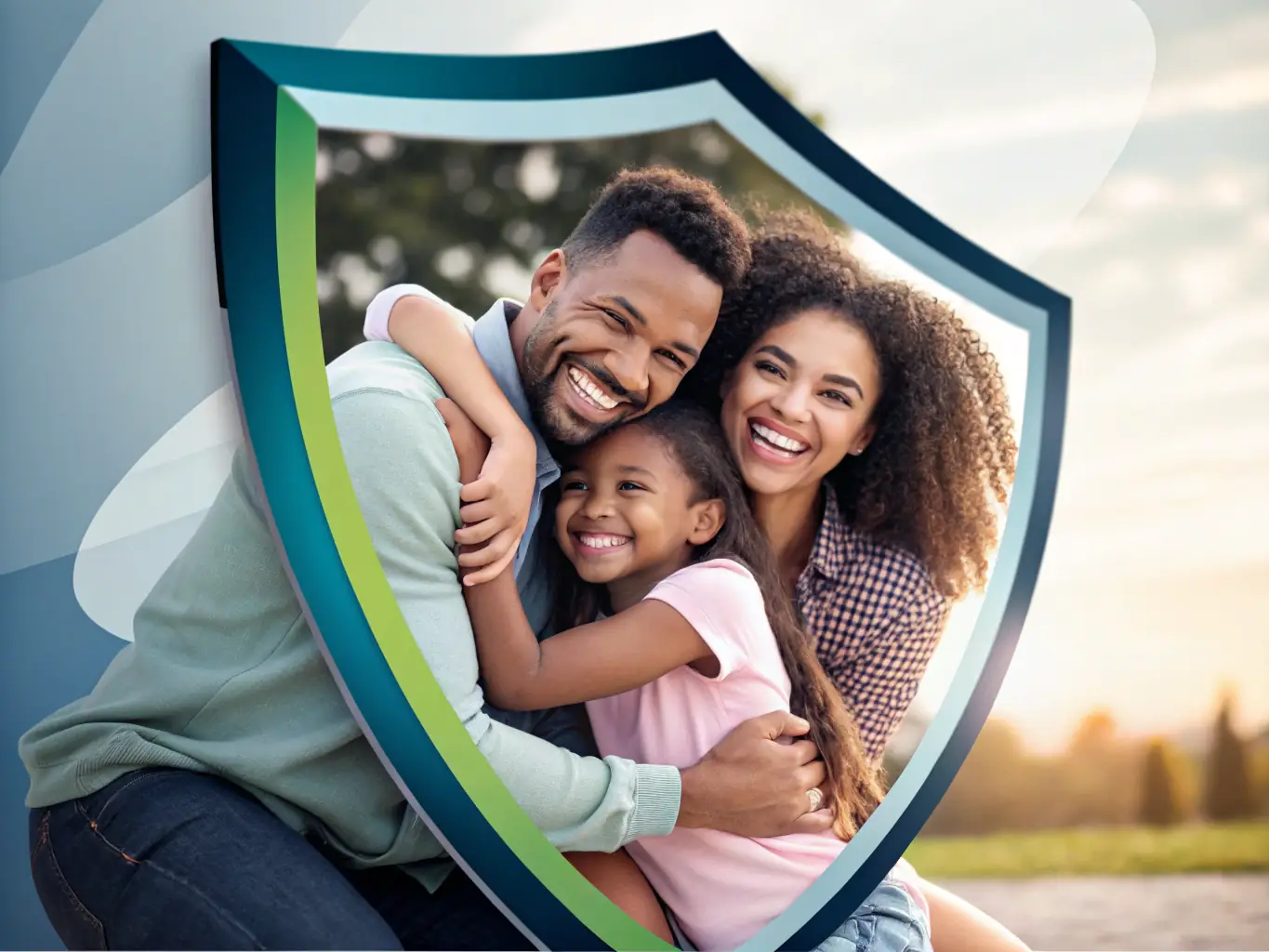A digital illustration of a shield protecting a family, symbolizing comprehensive coverage and peace of mind.
